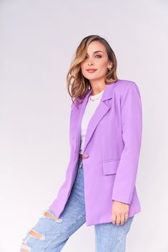 Product Details: I TOO Exclusive Oversize fit Long sleeve Notch collar Front button closure Flap pockets Full lined Imported Model is wearing size S ﻿Model Info: Height: 5'8 Weight: 112 lbs Bust: 34 in Waist: 24 in Hips: 37 in Notched Blazer With Pockets For Spring, Spring Outerwear With Notched Shape And Pockets, Casual Purple Collared Outerwear, Spring Single Button Outerwear With Flat Front, Spring Outerwear With Single Button And Flat Front, Relaxed Fit Office Blazer With Pockets, Spring Purple Outerwear For Work, Purple Button-up Outerwear For Work, Trendy Relaxed Fit Blazer With Pockets