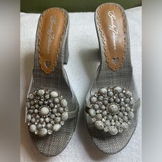 Statement Shoes To Go With Any Outfit. Size 6m. Silver Slip-on Heels For Summer, Elegant Beaded Round Toe Sandals, Spring Silver Sandals With Bling, Silver Bling Sandals For Spring, Silver Bling Sandals For Formal Occasions, Silver Sandals With Bling And Round Toe, Silver Bling Sandals With Round Toe, Embellished Silver Heels For Summer, Silver Embellished Heels For Summer