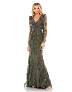 Mac Duggal Hand-embellished mesh overlay; 100% polyester lining Fully lined through bodice and skirt; sheer unlined sleeves V-neckline Puff sleeves Long sleeves Hand-beaded sleeves, body and waist detail Concealed back zipper Approx. 62.5" from top of shoulder to bottom hem Style #20349 Beaded Sleeves, V Neck Gown, Evening Gowns Online, Vestidos Color Coral, Neutral Dresses, Engagement Party Dresses, Puffed Long Sleeves, Spring Wedding Guest Dress, Fishtail Dress