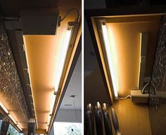 two pictures of the inside of a bus with lights on and in between them is an open door