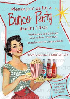 a woman holding a tray with some drinks and popcorn on it in front of a sign that says, please join us for a bunco party like it's 1950