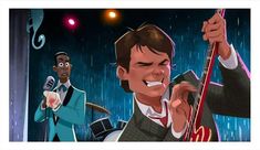 an animated image of two men singing in the rain, one holding a guitar and the other wearing a tuxedo