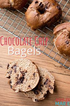 chocolate chip bagels on a cooling rack with the words, chocolate chip bagels