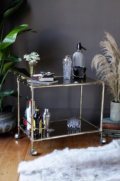 a bar cart with drinks on it in front of a potted plant and rug