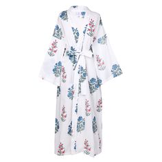 Elegant White Spring Kimono, Traditional Spring Floral Robe, White Cotton Dress With Kimono Sleeves, Summer Daywear White Kimono, Elegant Spring Cotton Kimono, White Kimono For Summer Daywear, White Summer Kimono For Daywear, Elegant Spring Cotton Robe, Elegant Cotton Kimono