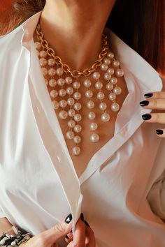 "This Pearl fringe necklace is stunning and certainly will look lovely on your wedding day. Wear it with an open neckline white dress.  I love this necklace since you can wear it with an elegant outfit or wear it down with a shirt. The necklace is made of 14K gold filled link chain and on it hanging faux white pearls gradually longer in the middle. length of necklace : 15.3\"  (39cm) variations:  you can wear it with the magnificent earrings - length 2.1\" (5.5cm) Bracelet:  chain 14K gold fille White Pearl Pendant Necklace For Party, White Pearl Chain Backdrop Necklace For Party, Party White Backdrop Necklace With Pearl Chain, Party Backdrop Necklace With White Pearl Chain, Elegant Pearl Chain Drop Necklace For Parties, Chic Pearl Drop Necklace For Party, Chic Pearl Drop Necklace For Wedding, Elegant Pearl Pendant Necklace For Parties, Elegant Dangle Pearl Necklace For Parties