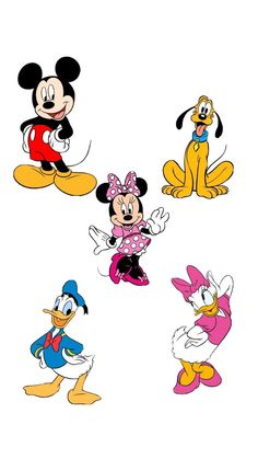 mickey mouse and other cartoon characters are shown in four different colors, including pink, blue,