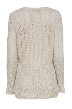 Welcome those breezy summer nights in style with a cozy-chic cardigan from Lafayette 148. This charming crochet number features a flattering v-neck and versatile cream hue, perfect for adding a lovely layer to any look. Throw it on over a bikini and you're ready for an evening stroll on the beach! 66% Cotton, 34% Polyamide Front button V-neck Bust 38" Waist 33" Shoulder to hem 29" Sleeve length 28.5" Beige Knitted V-neck Cardigan, Fall V-neck Crochet Top, Beige Knit V-neck Cardigan, Spring V-neck Pointelle Knit Cardigan, V-neck Pointelle Knit Cardigan, Cream Fitted V-neck Cardigan, Chic Cream V-neck Cardigan, Elegant Cream V-neck Sweater For Spring, Fall Crochet V-neck Top