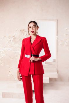 Scarlet Front Scarf Blazer MEAN BLVD Scarf Blazer, Italian Chic, Mean Blvd, Folding Clothes, Long Trousers, Peak Lapel, Round Neck Dresses, Linen Material, Straight Trousers