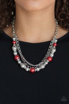 Layers of mismatched silver chains give way to a strand of ornate silver beads and oversized red pearls that cascade below the collar for a refined flair. Features an adjustable clasp closure.

Sold as one individual necklace. Includes one pair of matching earrings. Red Necklace Set, Silver Bead Necklace, 5th Avenue, Red Necklace, Silver Chains, Paparazzi Accessories, Paparazzi Jewelry, Chic Accessories, Necklace Earring Set