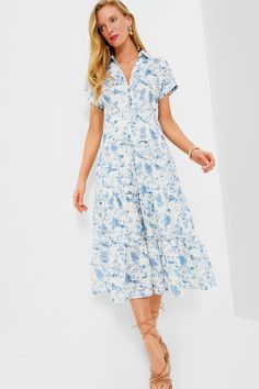 Blue Davina Shirt Dress | En Saison Spring Button-up Relaxed Fit Midi Dress, Feminine Midi Dress With Button Closure, Relaxed Fit Button-up Midi Dress For Spring, Short Sleeve Midi Dress With Button Closure For Brunch, Feminine Short Sleeve Midi Dress With Buttons, Voluminous Skirt, Blue And White Pattern, Neutral Heels, Cocktail Attire