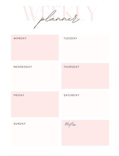 a pink weekly planner with the words, monday and friday written in cursive writing