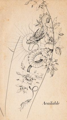 a tattoo design with flowers and birds on it