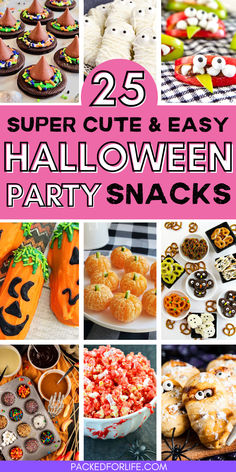 A collage of creative Halloween treats, showcasing fun Halloween snacks for a party, including mummy cookies, pumpkin-themed snacks, and spooky popcorn Finger Foods For Kids Halloween Party, Kids Halloween Snack Board, Toddler Halloween Food Ideas, Fun Easy Halloween Treats, Halloween Kid Snacks Party Ideas, Easy Halloween Food Ideas For Kids, Halloween Kids Snack Ideas, Easy Halloween Themed Snacks, Spooky Night Snacks