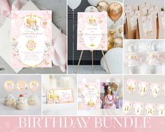 a pink and gold birthday party with balloons, cake, napkins, decorations and other items