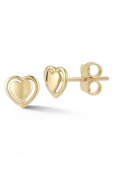 14K gold gives an enduring shine to mini heart-shaped stud earrings. 1/4" diameter Post back 14K gold Imported Classic Gold Heart Earrings For Anniversary, Classic Gold Heart Earrings For Formal Occasions, Dainty Earrings With Polished Finish For Anniversary, Formal Yellow Gold Double Heart Earrings, Classic Formal Heart Earrings, Classic Gold Pierced Heart Earrings, Classic Pierced Gold Heart Earrings, Formal Yellow Gold Heart Cut Earrings, Yellow Gold Heart Pendant Earrings For Anniversary