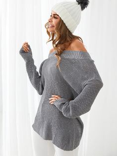 Solid Drop Shoulder Off-shoulder Loose Knit Sweater Solid Stretch Off-shoulder Sweater, Solid Knit Off-shoulder Top, Solid Color Knit Off-shoulder Top, Stretch Knit Off-shoulder Sweater, Solid Off-shoulder Winter Top, Casual One-shoulder Winter Top, Off-shoulder Solid Color Top For Fall, Solid Color Off-shoulder Top For Fall, Casual One Shoulder Knit Top