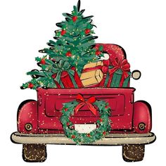 a christmas tree in the back of a red truck with presents on it's bed