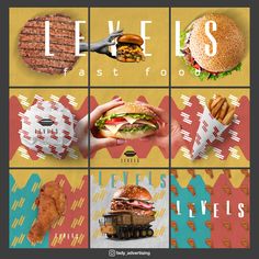 a collage of fast food images with the words levies and hamburgers on them