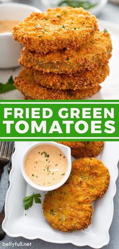 fried green tomatoes on a plate with dipping sauce