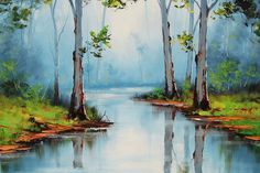 a painting of a river in the woods