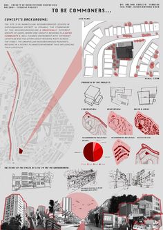 an info sheet with red and black images on it, including buildings and other architectural details