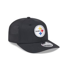 The Pittsburgh Steelers Perform 9SEVENTY Stretch-Snap Hat features an embroidered Steelers logo at the front panels with a matching New Era Flag at the left-wear side. Additional details include a gray undervisor and a snapback closure at the rear. Gray Sporty Snapback Hat With Flat Bill, Gray Snapback Hat With Flat Bill, Sporty Style, Sporty Gray Snapback Hat With Flat Bill, Gray Snapback Fitted Hat For Sports, Gray Snapback Hat For Sports, Gray Flat Bill Sports Hat, Gray Flat Brim Trucker Hat For Sports, Gray Visor Snapback Hat For Sports, Sports Snapback Hat With Embroidered Logo