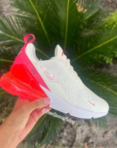 Swarvoski nike blinged air max 270 for women!  Both inner and outer Nike checks blinged and the "AIR" on the backs!  SIZING:  Runs a half size small... or a half size up.  Ex. 8.5 regular orders a 9  COLOR: white yellow and coral   All shoes are 100% authentic and purchased through Nike or an authorized dealer such as: Finish line, Champs, Footlocker.   IMPORTANTPlease allow 2-3 weeks at the latest for your shoes to be completed and shipped, these are made to order  All Sales are final so please make sure the size you order is correct & ask all questions before ordering. :) Crystals are adhered with a high quality permanent gem adhesive. Message me for different colors/styles and questions :)  Happy Shopping! Nike Shoes Women Fashion, Preppy Shoes, All Nike Shoes, Shoes Air, Cute Sneakers, Nike Air Max 270, Air Max 270, Nike Shoes Women, Running Shoes Nike