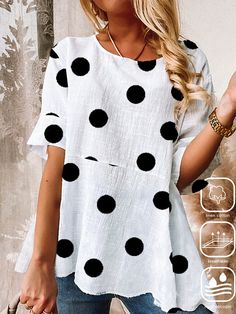 White Loose Casual Polka Dots Shirt Denim Short Jumpsuit, Two Piece Set Pants, Two Piece Jumpsuit, Polka Dot Shirt, Long Sleeve Short Dress, Maxi Dress Green, Asymmetrical Tops, Women Shirts Blouse, Pink Blouse