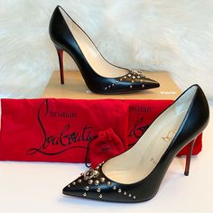 Authentic Christian Louboutin Door Knock 100 Black Leather Studded Heels Are A Sure Showstopper. They Are Brand New, Have Never Been Worn, Are Retired, In Perfect Condition And Come With The Original Box, Dust Bags, And Replacement Heel Tips. Description : Kidskin Pump With Silvertone Hardware. 5" Covered Heel. Studded Pointed Toe With Door-Knocker Ring Detail. Leather Lining And Padded Insole. Christian Louboutin Signature Red Leather Sole. Made In Italy Retail For $945 Luxury Calf Leather Heels For Evening, Party Court Shoes With Sculpted Heel In Calf Leather, Silver Leather Court Shoes For Party, Designer Calf Leather Heels For Evening, Elegant Pointed Toe Heels With Silver Studs, Leather High Heels With Silver Studs, Leather Heels With Silver Studs For Night Out, Leather Heels With Silver Studs For Formal Occasions, Glamorous Leather Heels With Silver Studs