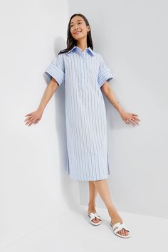 Blue and Red Stripe Reina Dress Half Sleeve Shirts, Easy Style, Plus And Minus, Cocktail Attire, Dress Shirt Sleeves, Midi Shirt Dress, Red Stripe, Low Iron, Gold Hoops