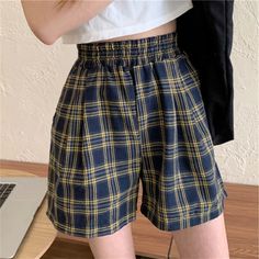 Waist Type: HIGH Style: Vintage, Retro, Casual Season: summer Pattern Type: Plaid Pant Style: Regular Material: Cotton, Polyester Decoration: Pockets Closure Type: Elastic Waist S: Length - 36cm/ Hips - 94cm/ Waist 56-66cm M: Length - 37cm/ Hips - 98cm/ Waist 58-68cm L: Length - 38cm/ Hips - 102cm/ Waist 60-70cm XL: Length - 39cm/ Hips - 106cm/ Waist 62-72cm 2XL: Length - 40cm/ Hips - 110cm/ Waist 64-74cm