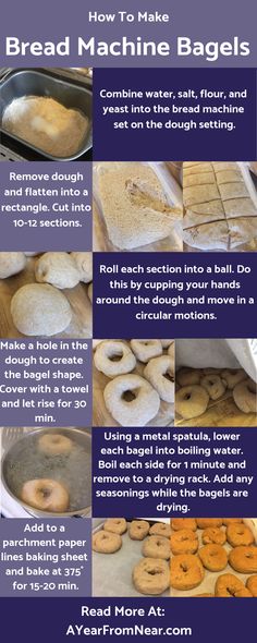 the instructions for making bread machine bagels are shown in this poster, with pictures of how to make them