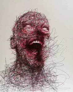 a drawing of a man's face with his mouth open