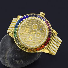 Rainbow Multi 18K Gold Tone Real Diamond Solitaire Dial Men's  Custom XL 55 mm Watch Custom Ice House Watch With Date Citizen Japan Miyota Date Movement 8 Genuine Diamonds Which Adorn the Inner Dial (Used in Place of number Hours Solid Australian Brass Construction With 18K Micron Plating Genuine Sill Diamond Time Piece 6 Row Iced Out Custom Band 5 ATM Water Resistant Stainless Steel Back Cover Japanese Battery Wood Watch Box Accompanied  Case Dimension : 55 mm Watch Length : 8.5 inch Stone : Hi Wood Watch Box, Crystal Watches, Custom Watch, Watch Box, Pinky Ring, Wristwatch Men, Multi Stone, Minerals Crystals, Real Diamonds