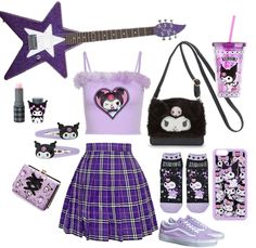 Hello Kity Outfits, Kuromi Skirt, Kuromi Outfit Aesthetic, Kuromi Outfit Ideas, Hello Kitty Inspired Outfits, Kuromi Aesthetic Outfit, Kuromi Inspired Outfit, Kuromi Crop Top, Kuromi Shoes