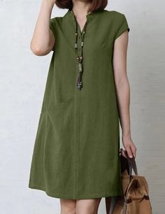 MiKlahFashion army green / S  Fashion Summer Women Dress V Neck Short Sleeve Solid Cotton Sundress Casual OL Work Knee-length Robe Femme Diy Sy, Cotton Sundress, Summer Linen Dresses, Fitted Mini Dress, Summer Linen, Plus Size Kleidung, Linen Dresses, Linen Clothes, Mode Inspiration