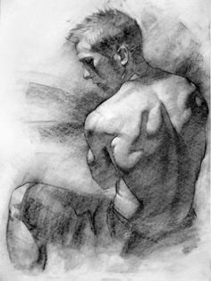 a black and white drawing of a man with his hand on his chest, looking down