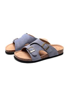 Grey Suede Slide Sandals With Buckle Closure, Beach Suede Double Strap Footbed Sandals, Spring Suede Footbed Sandals With Buckle Closure, Suede Footbed Sandals With Tang Buckle And Round Toe, Suede Sandals With Tang Buckle And Round Toe, Summer Suede Sandals With Tang Buckle, Suede Sandals With Buckle Closure For Beach, Suede Slides With Buckle Closure For Beach, Suede Open Toe Footbed Sandals With Buckle Closure