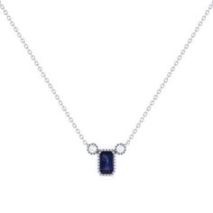 Our Emerald Cut Sapphire & Diamond Birthstone Necklace gives your style a refreshing edge. Crafted in 14K Gold  for the refined modern woman. Birthstone Necklace for Women Metal: 14K Gold (White / Yellow) Gem Type: Emerald Cut Sapphire Gemstone (0.39 CTTW) Diamonds: Natural Round Shape (0.04 CTTW) Diamond Color/Clarity: GH/SI1 Setting: Bezel with Milgrain Chain: 18 inch with jump rings at 16 & 17 inches. Elegant Sapphire Necklace With Emerald Cut, Elegant Sapphire Necklaces, Luxury Diamond Necklace With Accent Stones, Elegant Emerald Cut Sterling Silver Diamond Necklace, Luxury Diamond Necklaces With Accent Stones, Fine Jewelry Sapphire Necklace With Accent Stones, Elegant Sapphire Jewelry With Bezel Setting, Fine Jewelry Sapphire Necklace With Polished Finish, Sapphire Necklace With Accent Stones