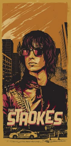 the strokes concert poster with an image of a man wearing sunglasses and holding a baseball glove