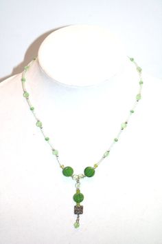 Green & Silver Etched Necklace on a Delicate Strand of Green Beads - 18.5 " Long Green Beads, Delray Beach, Beaded Necklaces, Green Bead, Chain Styles, Etching, Favorite Jewelry, Etsy Accessories, Beaded Necklace