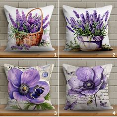 four pillows with different pictures of flowers in them