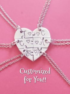 Hand Stamped 6 Piece Heart Puzzle Piece Necklace Set Each necklace features a high-quality stainless steel chain. Unlike cheaper metals and plated chains; stainless steel is resistance to rust, oxidation and discoloration, it can be worn daily in the shower and will not fade or chip over time. The heart puzzle pieces are made from high-quality 14 gauge aluminum (others on the market are made from thinner and thus less expensive metal making it less sturdy and durable. Plus each necklace is gift- Customized Sterling Silver Jewelry For Friendship, Heart-shaped Metal Jewelry For Best Friend's Gift, Heart-shaped Metal Jewelry For Best Friend, Customized Stainless Steel Heart Pendant Jewelry, Silver Jewelry With Adjustable Chain For Best Friend, Customized Jewelry For Valentine's Day Friendship, Customized Jewelry For Friendship On Valentine's Day, Silver Jewelry For Best Friend Gift On Valentine's Day, Silver Jewelry For Best Friend Valentine's Gift