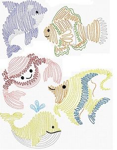 four different colored fish designs on white paper