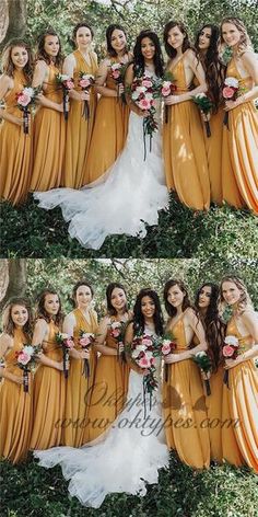 the bride and her bridal party are posing for their wedding pictures in yellow dresses