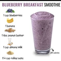 the blueberry breakfast smoothie is in a tall glass with ingredients labeled on it