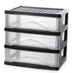 three clear storage containers stacked on top of each other with black lids and bottom trays