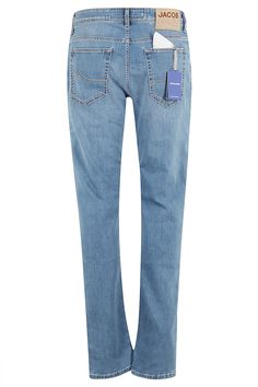 Bard Jeans - Jacob Cohen - Light blue color - Stretch cotton - Five-pocket model - Regular waist with belt loops - Gold-tone button closure - Slim fit Classic Blue Jeans With Belt Loops, Tailoring Jeans, Pocket Model, Prada Leather, Denim Branding, Denim Design, Italian Luxury, Engineered Garments, Light Blue Color