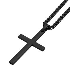 Waterproof Cross Necklace For Men - Men's Black Stainless Steel Cross Pendant - Braided Wheat Chain Necklace - Personalized Gift for Him - Quantity: 1 cross pendant and 1 chain necklace set - Chain Style: Timeless braided wheat necklace chain - Chain Width: 3mm - Chain Lengths: 16, 18, 20, 22, 24, and 26 inches - Chain Color: Black - Pendant Style: Classic minimalist cross with a timeless and modern design - Pendant Width: 0.95 inches / 24mm - Pendant Length: 1.65 inches / 42mm - Pendant Color: Black Curb Chain Necklace Gift, Minimalist Black Necklace With Curb Chain, Minimalist Black Curb Chain Necklace, Minimalist Black Cross Jewelry, Gift Black Cross Chain Necklace, Black Curb Chain Jewelry For Gift, Black Cross Chain Necklace Gift, Black Cross Chain Necklace As Gift, Black Cross Jewelry With Adjustable Chain